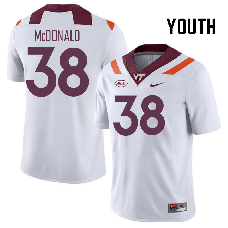 Youth #38 Jayden McDonald Virginia Tech Hokies College Football Jerseys Stitched Sale-White - Click Image to Close